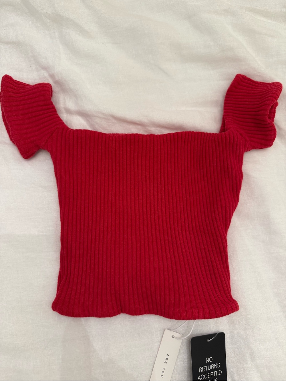 ARE YOU AM I Red Ribbed Off-Shoulder Crop Top - Picture 2 of 4